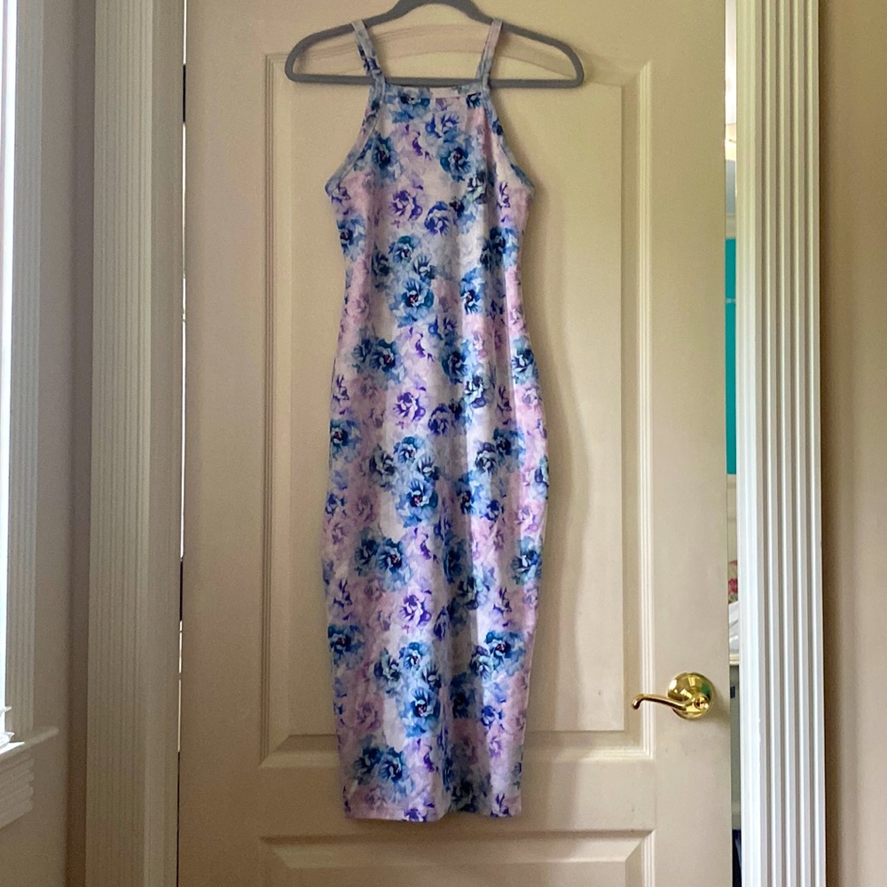 Blue and purple Floral bodycon midi dress